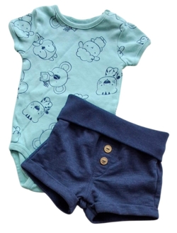 H&M mørkeblå sweat-shorts og grøn body str. 62