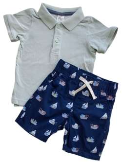 H&M blå shorts og lysegrøn polo str. 74