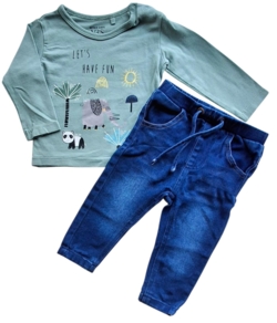 Minymo blå denim bukser og VRS grøn T-shirt str. 62