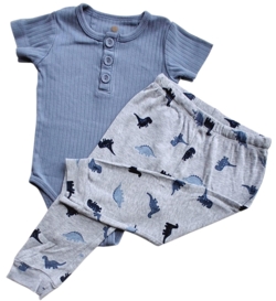 Enfant blågrå body og H&M lysegrå natbukser str. 80