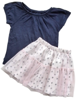 H&M mørkeblå bluse og rosa nederdel str. 98-104