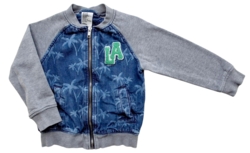 H&M blå denim og lysegrå cardigan str. 104