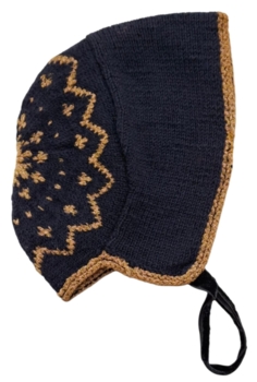 Hjemmestrikket mørkeblå-sort uld hue str. 48 cm