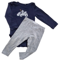 Minymo mørkeblå body og lysegrå bukser str. 80