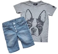 Kulör lyse denimshorts og lysegrå T-shirt str. 104