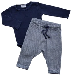 Friends mørkeblå body og H&M stribede bukser str. 74