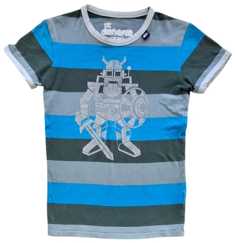 Danefæ blå, grå og grønstribet T-shirt str. 10