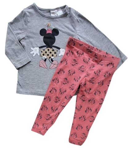 H&M Disney lysegrå bluse og rødlige leggings str. 74