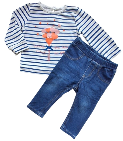 H&M blå denim leggins og blåstribet bluse str. 74