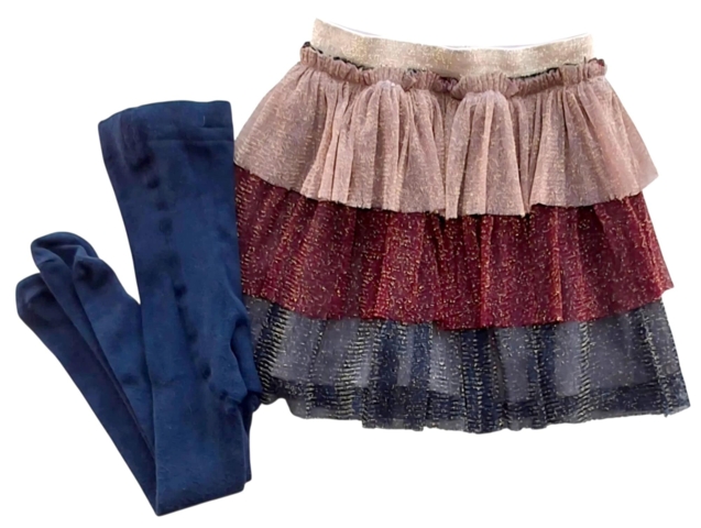 VRS 3 farvet nederdel og mørkeblå strømpebukser str. 80