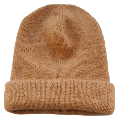 Hjemmestrikket gyldenbrun varm uld hue str. 50-52