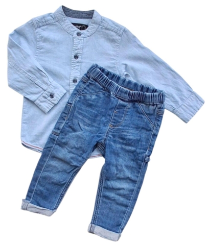 Minymo lyseblå skjorte og blå denim bukser str. 80