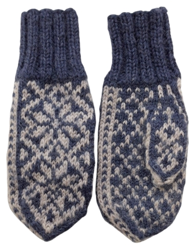 Hjemmestrikkede blå og grå uld vanter str. 9-11 år