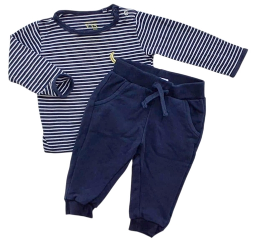 VRS mørkeblå sweatpants og blåstribet bluse str. 74