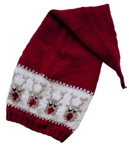 Hjemmestrikket mørkerød uld nissehue str. 0-3 mdr