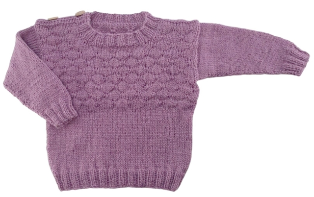 Hjemmestrikket rødlilla uldstriktrøje str. 80