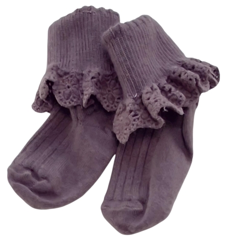 Lilla uld strømper med fine blonder str. 0-3 mdr