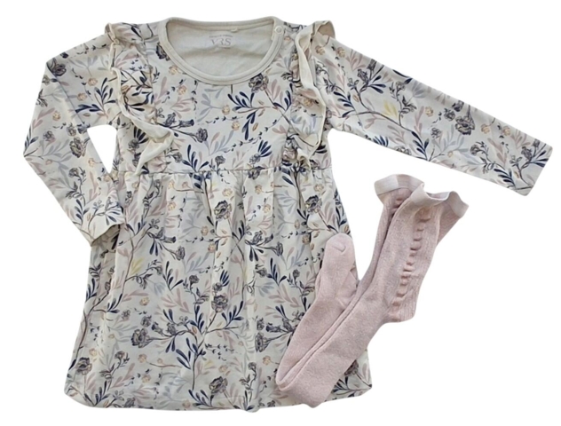 VRS beige blomstret kjole og MP rosa strømpebukser str. 92