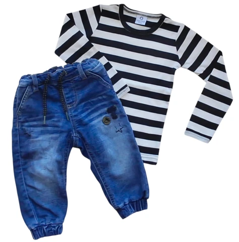 Name it blå denimbukser og Smallstuff bluse str. 74