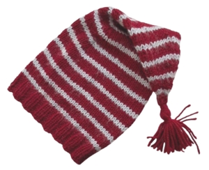 Hjemmestrikket mørkerød uld nissehue str. 1-2 år