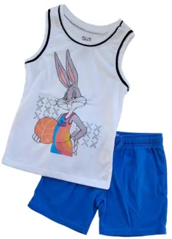 H&M blå shorts og hvid space Jam top str. 104