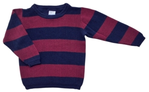 VRS mørkeblå og vinrød stribet striktrøje str. 98-104