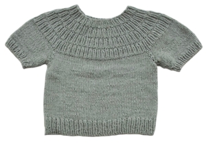 Hjemmestrikket grågrøn kortærmet uld vest str. 68-80