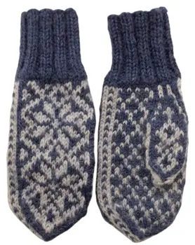 Hjemmestrikkede blå og grå uld vanter str. 9-11 år