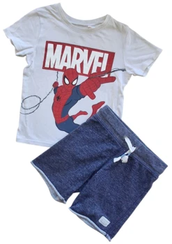 H&M blå sweat shorts og Marvel T-shirt str. 104