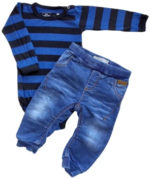 Name it denimbukser og blåstribet body str. 68